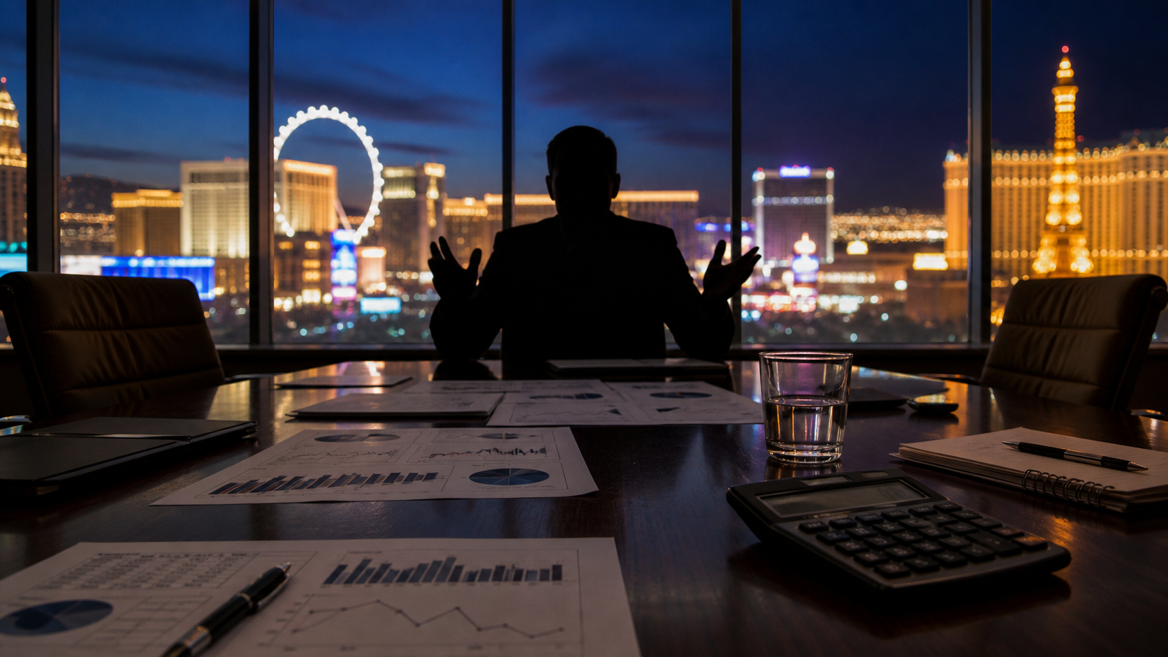 Las Vegas sports betting conference with market charts and a speaker silhouette