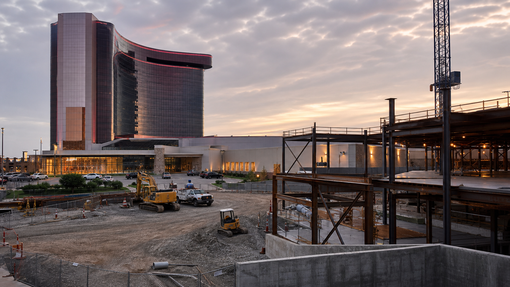 Regional casino resort and construction plans under a clear evening sky