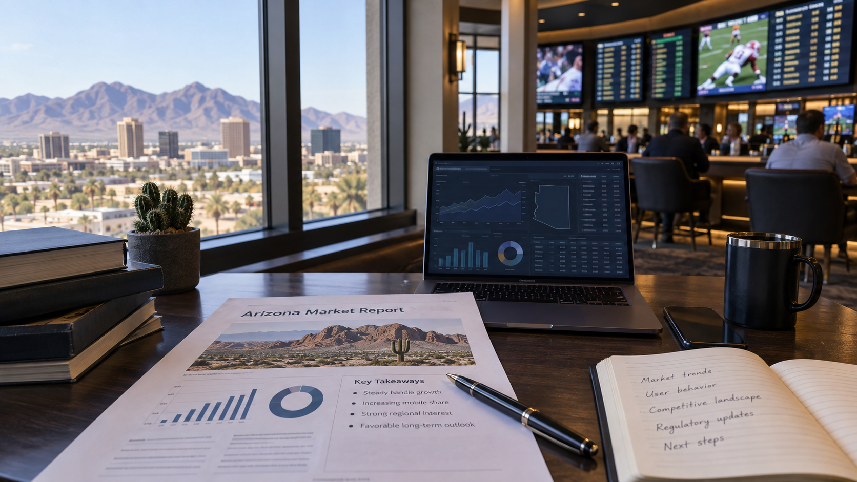 Editorial illustration of Arizona sports betting data, a state report, and a sportsbook market