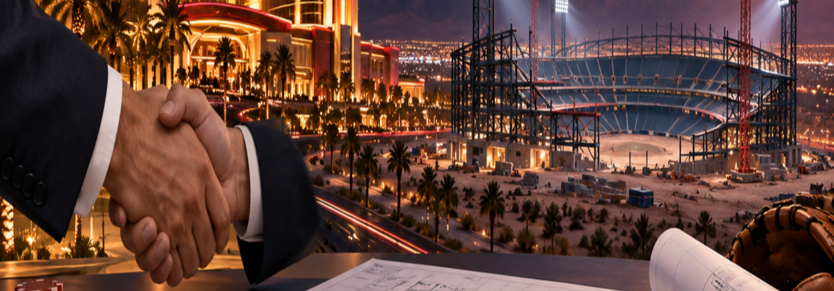 Editorial illustration of a Las Vegas casino sports partnership, a baseball stadium, and city development