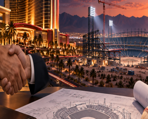 Editorial illustration of a Las Vegas casino sports partnership, a baseball stadium, and city development