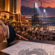 Editorial illustration of a Las Vegas casino sports partnership, a baseball stadium, and city development