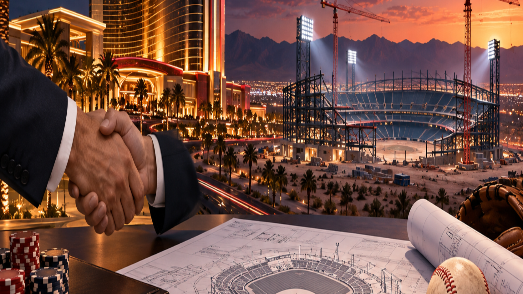 Editorial illustration of a Las Vegas casino sports partnership, a baseball stadium, and city development