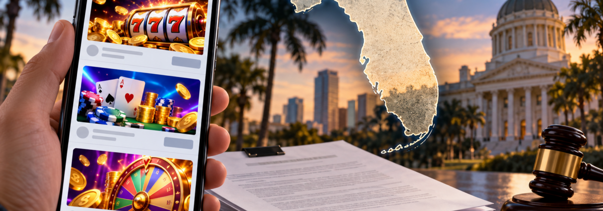 Editorial illustration about Florida Demands Google Meta TikTok, United States casino and gambling news, and source documents
