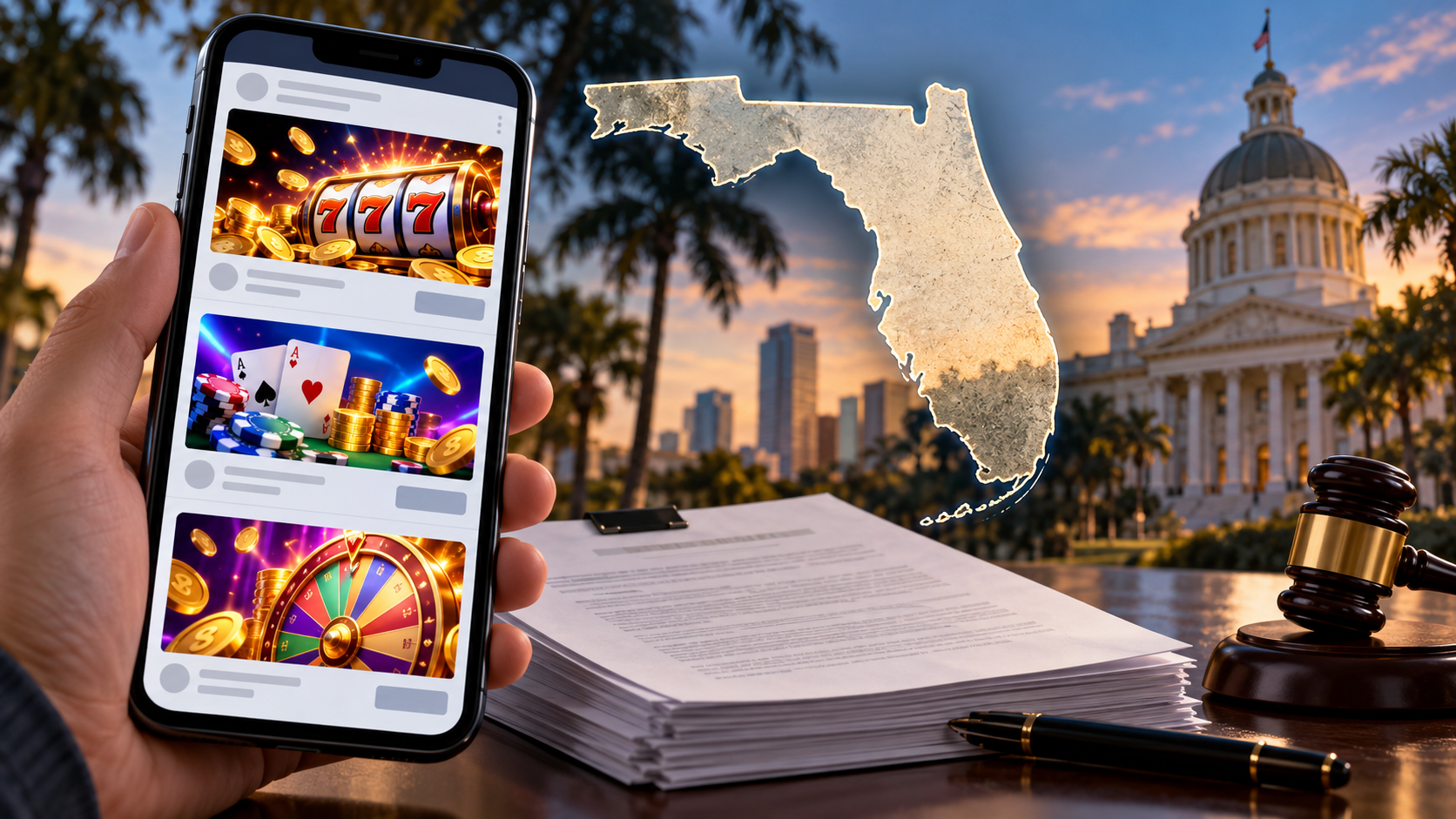 Editorial illustration about Florida Demands Google Meta TikTok, United States casino and gambling news, and source documents