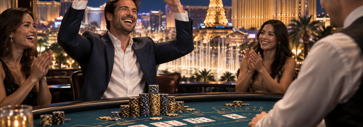 Editorial illustration of a Las Vegas Strip table game jackpot, casino chips, cards, and a celebratory gaming floor