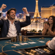 Editorial illustration of a Las Vegas Strip table game jackpot, casino chips, cards, and a celebratory gaming floor