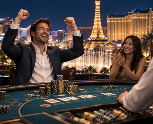 Editorial illustration of a Las Vegas Strip table game jackpot, casino chips, cards, and a celebratory gaming floor