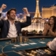 Editorial illustration of a Las Vegas Strip table game jackpot, casino chips, cards, and a celebratory gaming floor