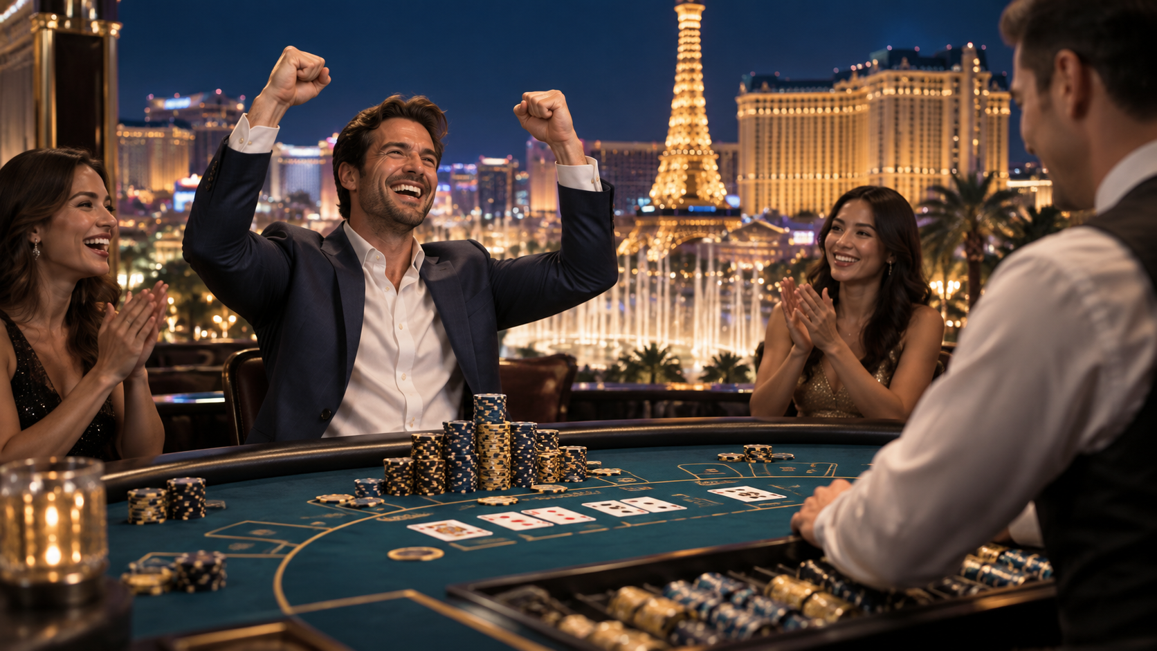 Editorial illustration of a Las Vegas Strip table game jackpot, casino chips, cards, and a celebratory gaming floor