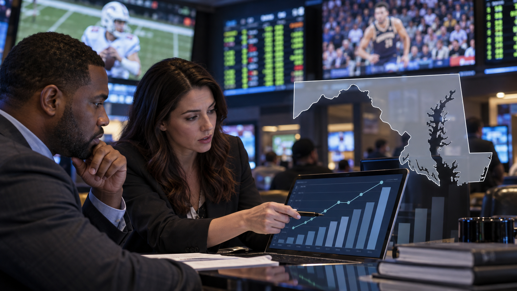 Editorial illustration of Maryland sports wagering data and a state revenue report