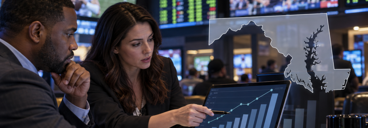 Editorial illustration of Maryland sports wagering data and a state revenue report