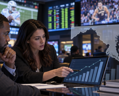 Editorial illustration of Maryland sports wagering data and a state revenue report