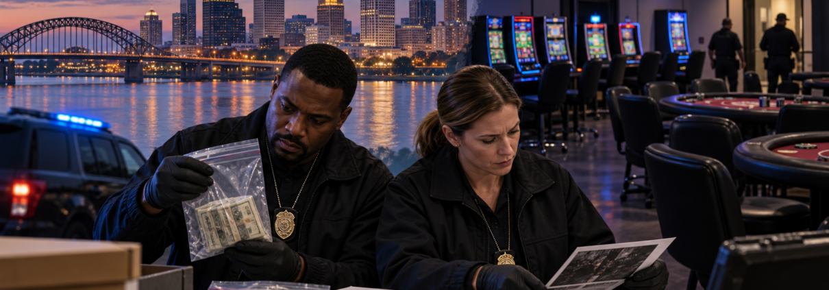 Editorial illustration of an illegal-gambling enforcement operation with Memphis city imagery