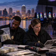 Editorial illustration of an illegal-gambling enforcement operation with Memphis city imagery