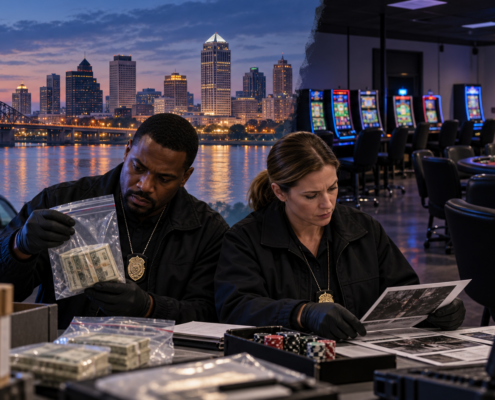Editorial illustration of an illegal-gambling enforcement operation with Memphis city imagery