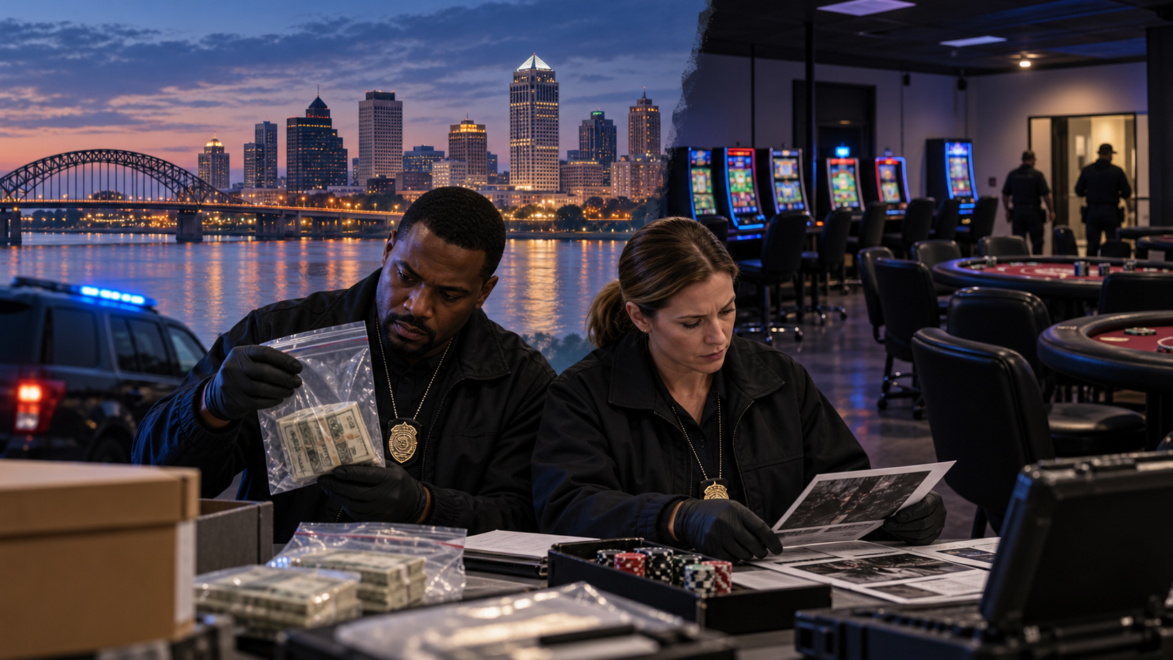 Editorial illustration of an illegal-gambling enforcement operation with Memphis city imagery