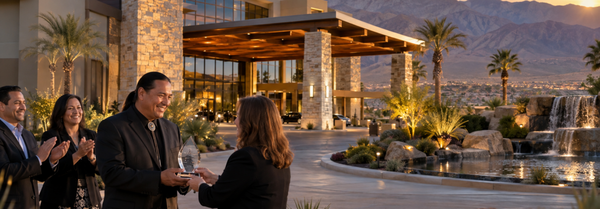 Editorial illustration of a California tribal casino resort receiving travel recognition