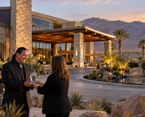 Editorial illustration of a California tribal casino resort receiving travel recognition