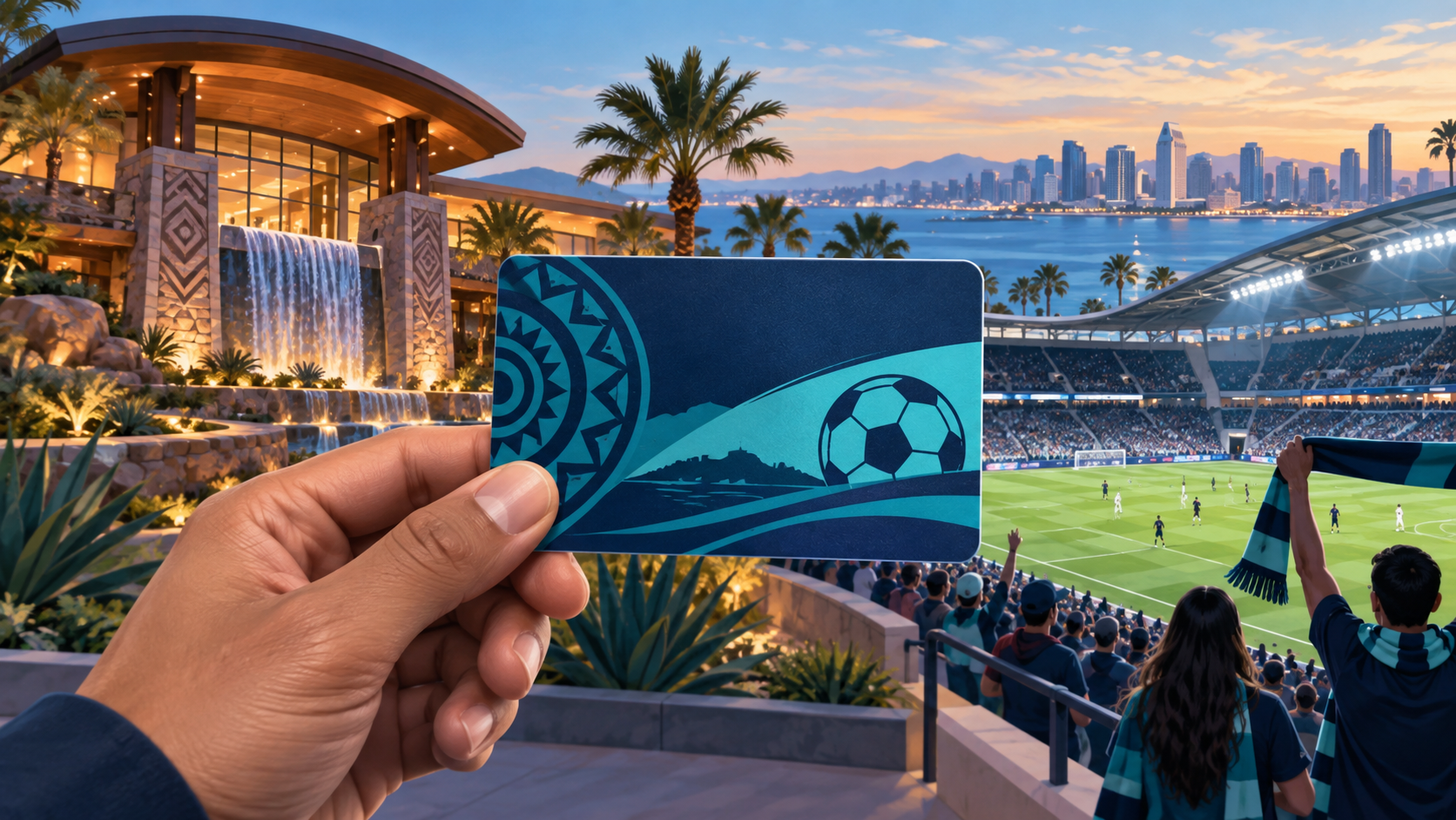 Editorial illustration of a tribal casino fan card and San Diego soccer partnership