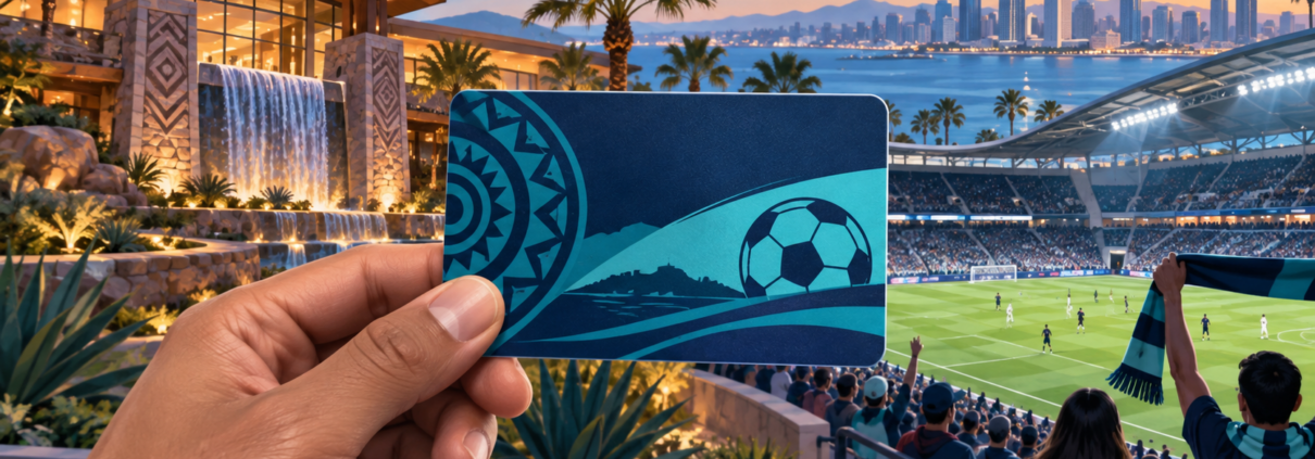 Editorial illustration of a tribal casino fan card and San Diego soccer partnership