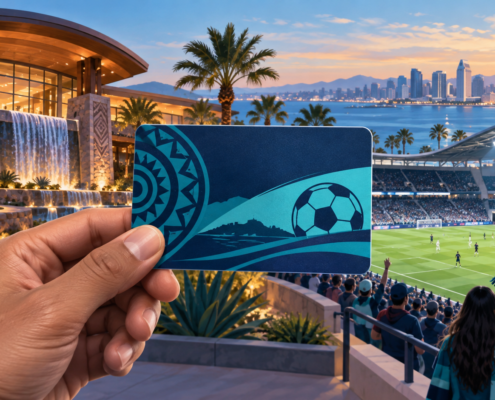 Editorial illustration of a tribal casino fan card and San Diego soccer partnership