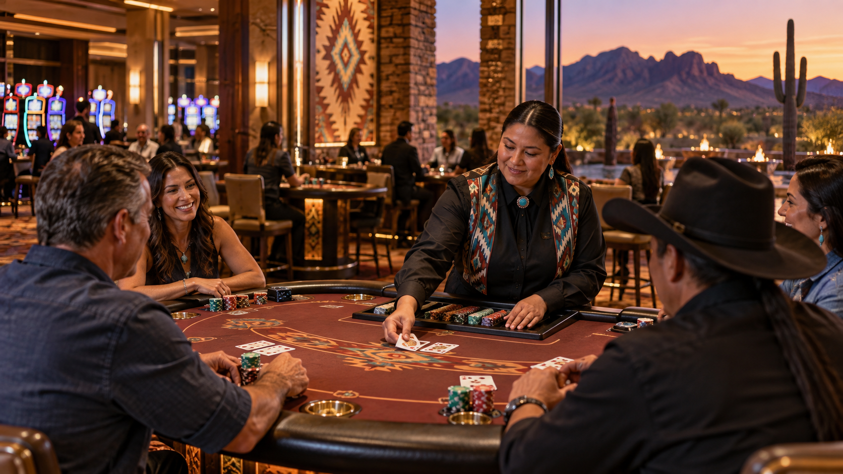 Editorial illustration of a tribal casino table game launch at Talking Stick Resort in Arizona