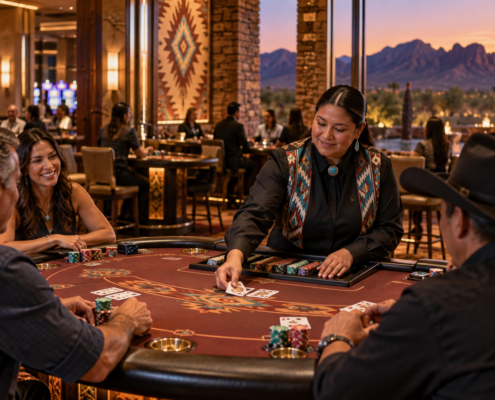 Editorial illustration of a tribal casino table game launch at Talking Stick Resort in Arizona