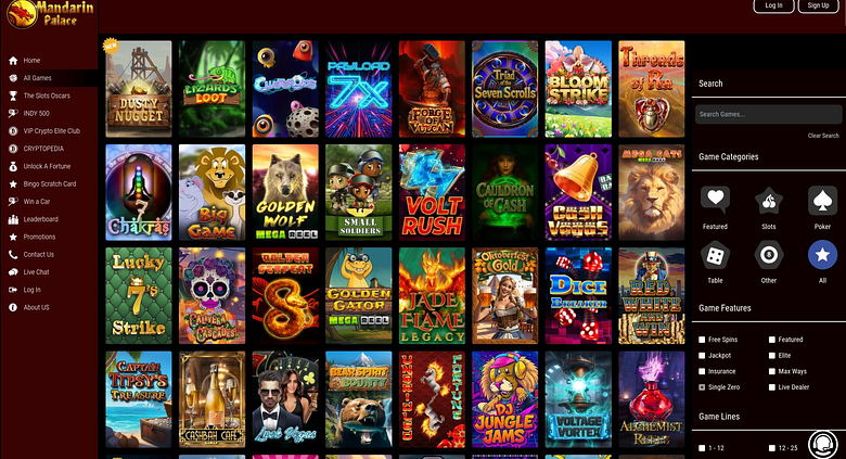 Mandarin Palace’s desktop lobby, with its game tiles and search panel, from Chipy.
