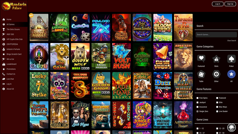 Mandarin Palace’s desktop lobby, with its game tiles and search panel, from Chipy.