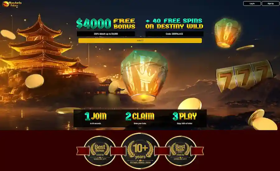 A Mandarin Palace promotional homepage screenshot published by InfoCasinoBonus; the displayed offer belongs to that source snapshot.