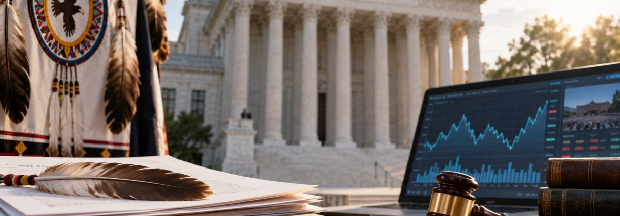 Editorial illustration of tribal prediction markets, a federal appeals court, and gaming policy documents