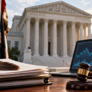 Editorial illustration of tribal prediction markets, a federal appeals court, and gaming policy documents