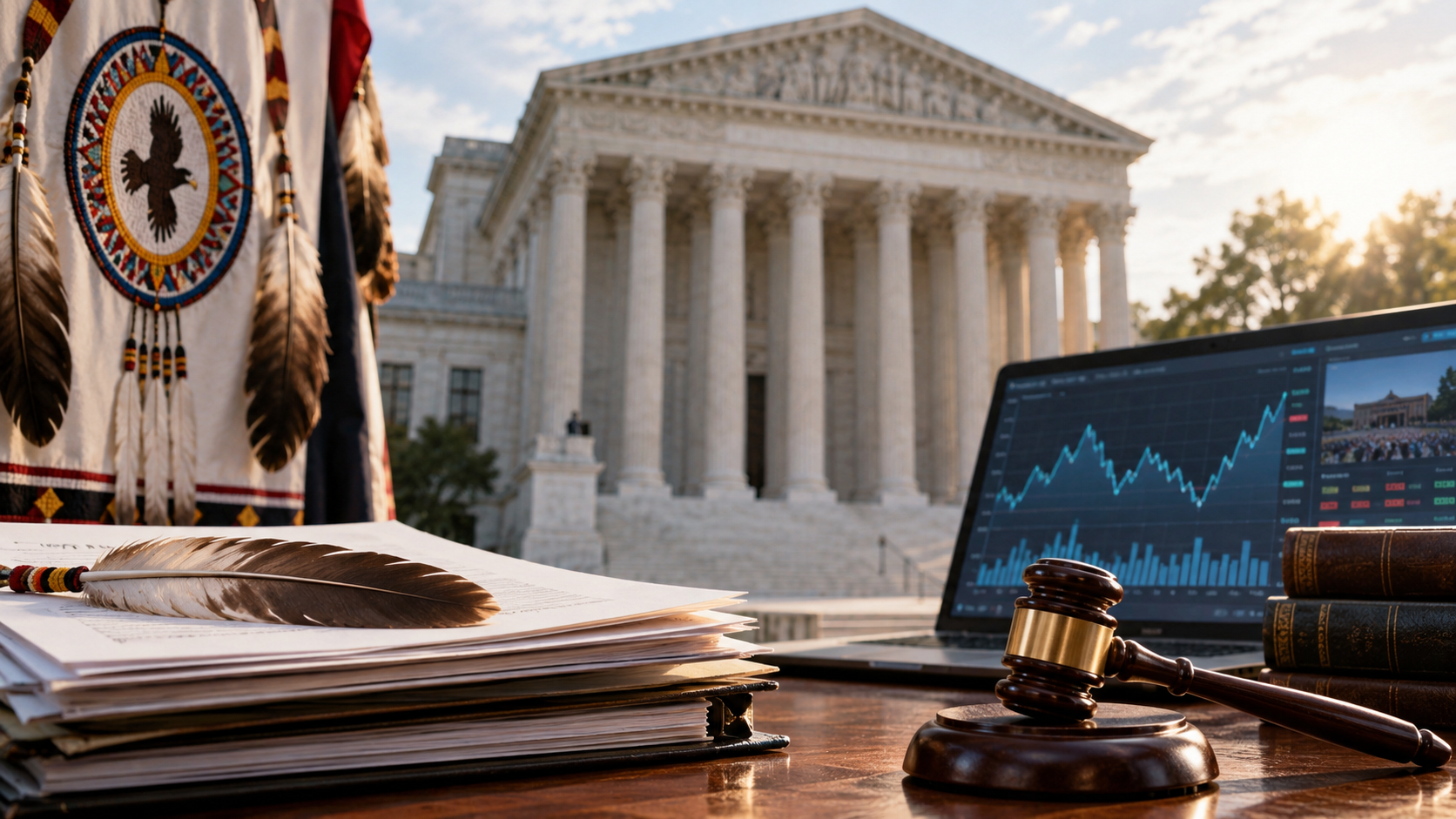 Editorial illustration of tribal prediction markets, a federal appeals court, and gaming policy documents