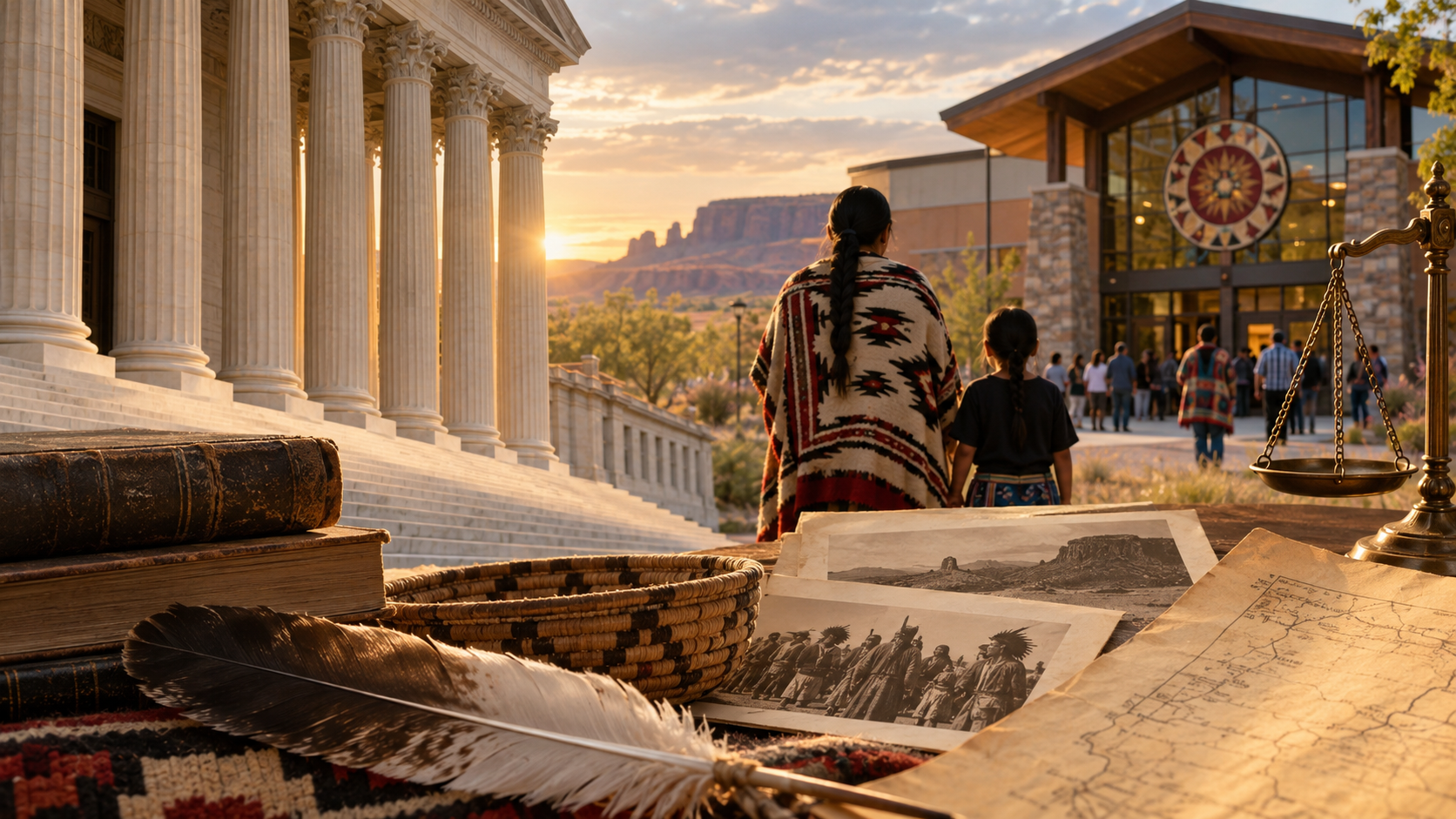 Editorial illustration of tribal gaming sovereignty and legal history